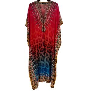 ASA Kaftans Womens Red Leopard Jewel Print Beaded Maxi Kaftan Dress Size L